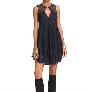 Free People Don't You Dare Lace Babydoll Mini Dress Navy Blue Small witchy goth